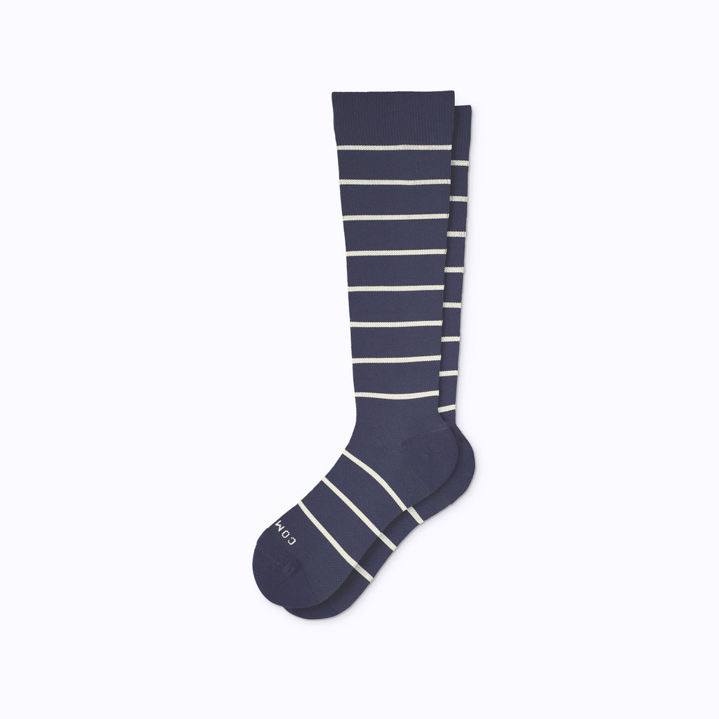Knee-High Compression Socks — Striped Navy/Sand | Sizes S–XL Including Wide Calf