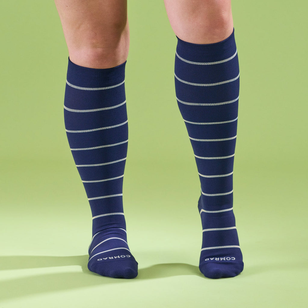 Knee-High Compression Socks — Striped Navy/Sand | Sizes S–XL Including Wide Calf