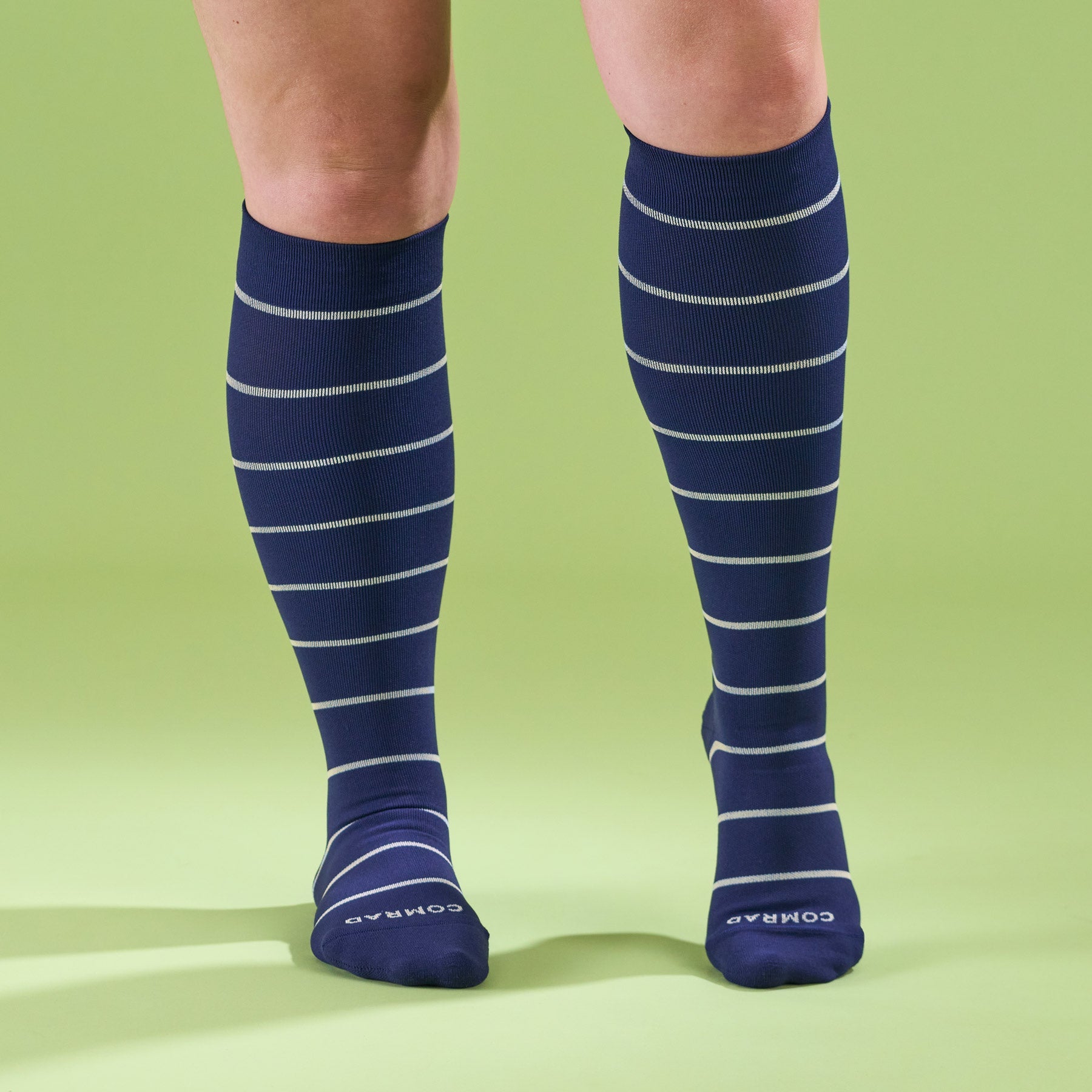 Knee-High Compression Socks — Striped Navy/Sand | Sizes S–XL Including Wide Calf