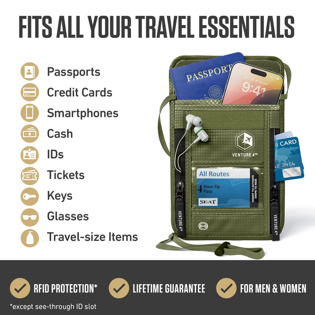 RFID Blocking Neck Pouch — Slim Travel Wallet for Passport, Cards & Phone | 8 Colors