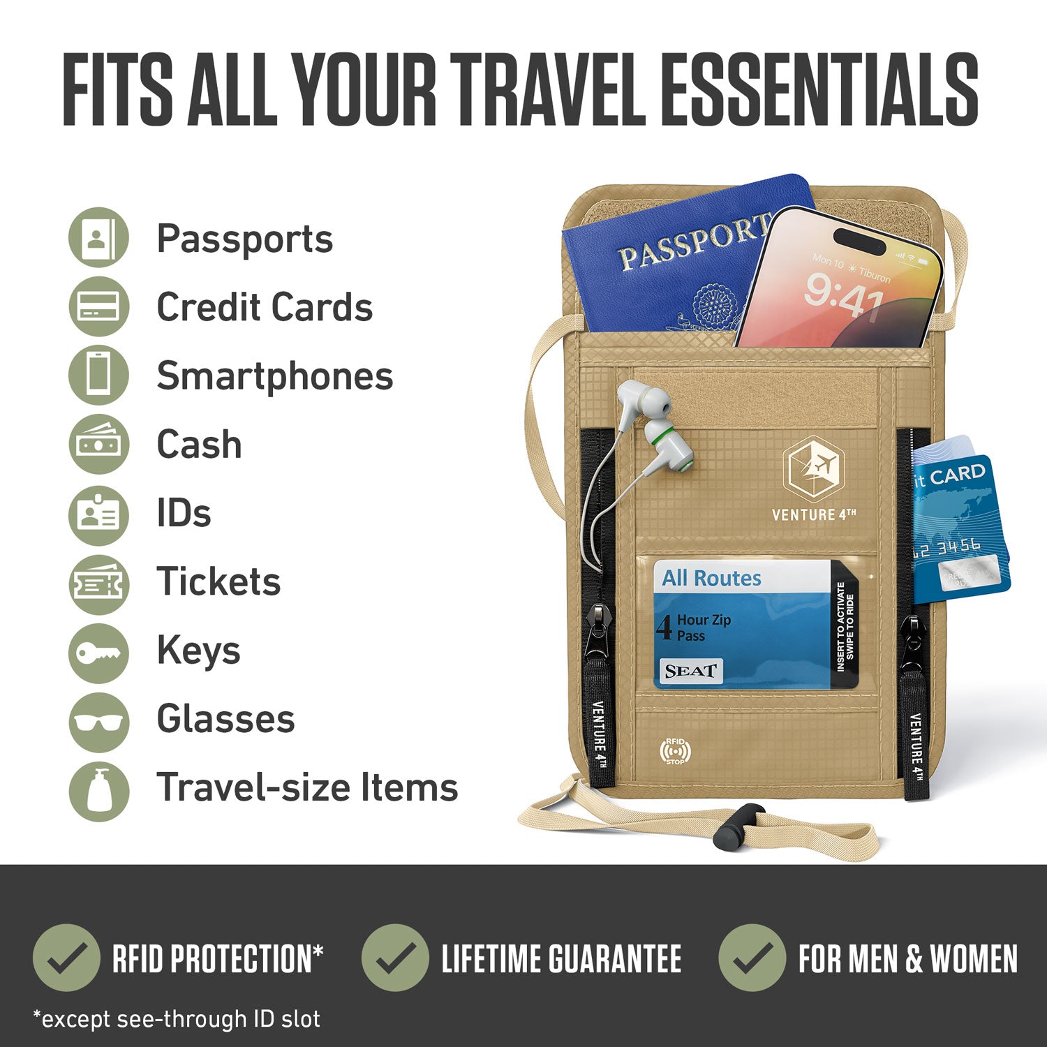 RFID Blocking Neck Pouch — Slim Travel Wallet for Passport, Cards & Phone | 8 Colors