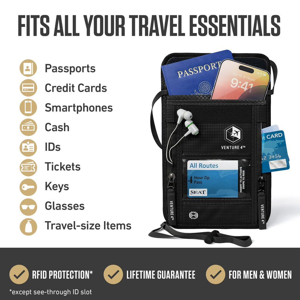 RFID Blocking Neck Pouch — Slim Travel Wallet for Passport, Cards & Phone | 8 Colors