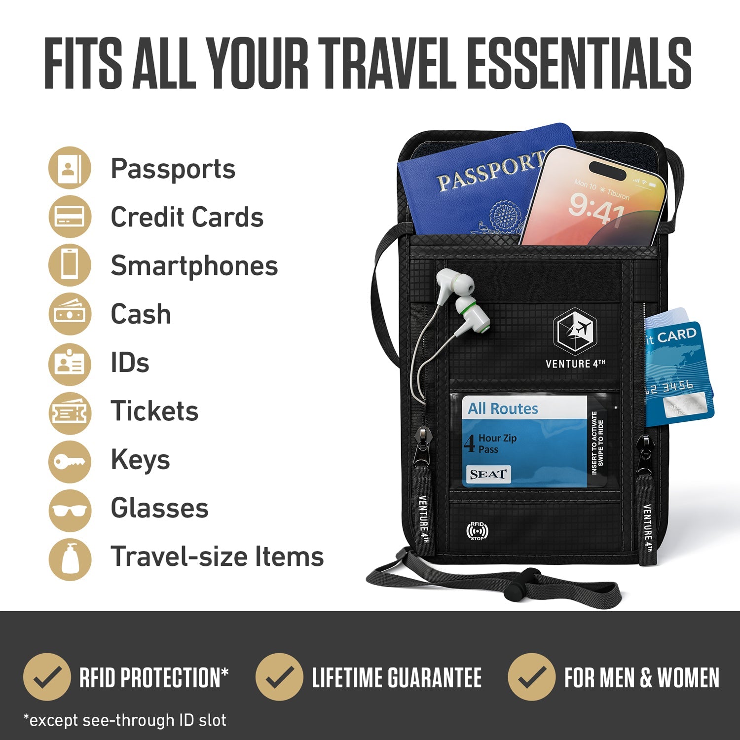 RFID Blocking Neck Pouch — Slim Travel Wallet for Passport, Cards & Phone | 8 Colors