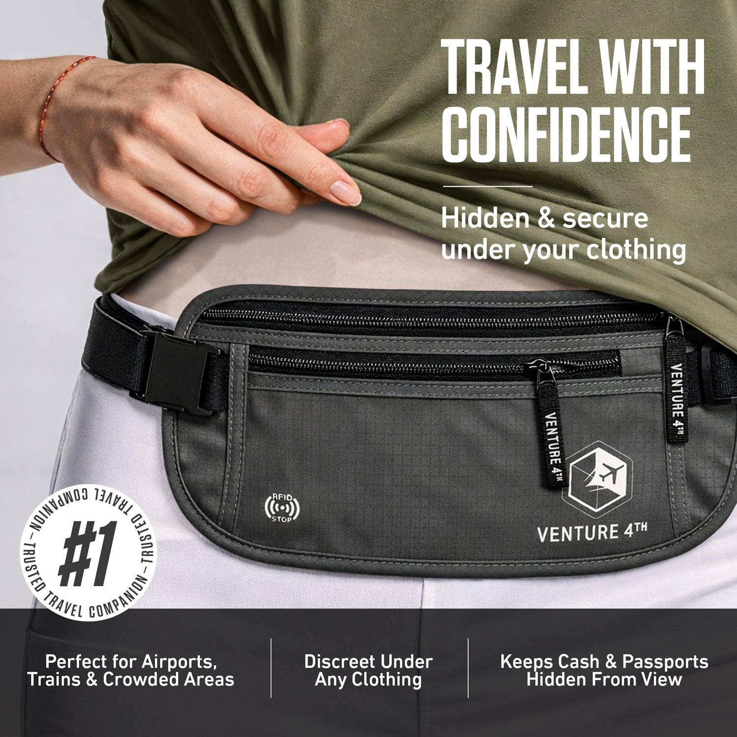 RFID Safe Money Belt — Anti-Theft Hidden Travel Wallet | Fits Up to 56" Waist | 12 Colors