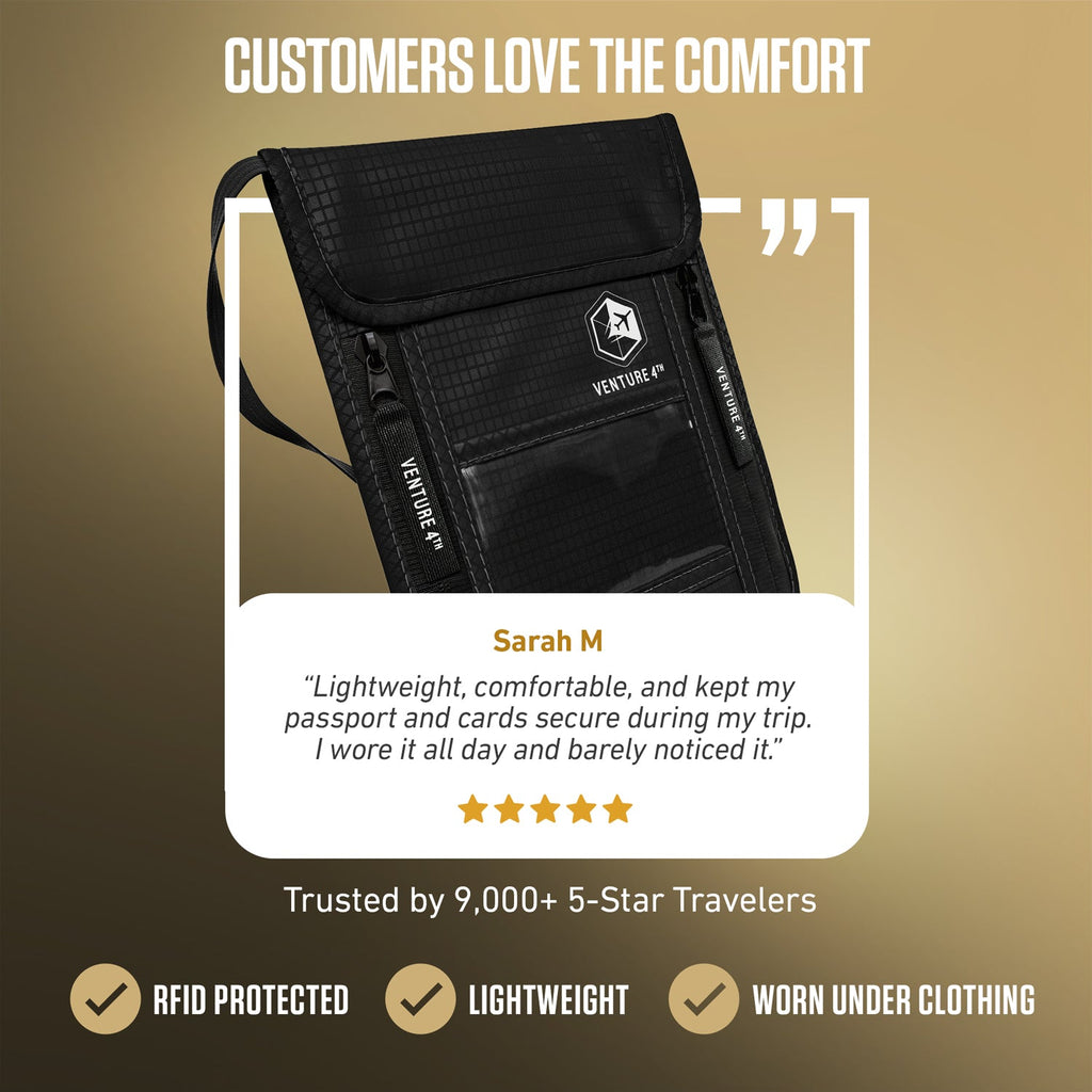 RFID Blocking Neck Pouch — Slim Travel Wallet for Passport, Cards & Phone | 8 Colors