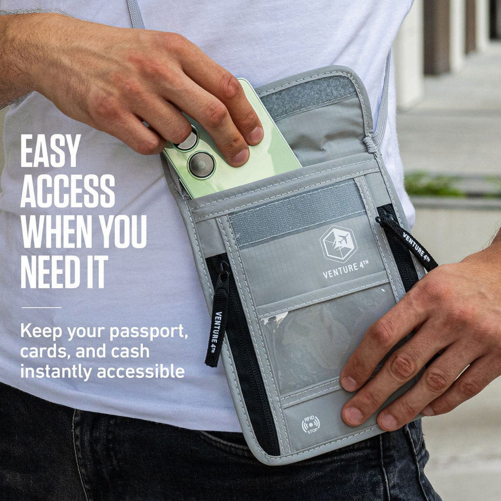 RFID Blocking Neck Pouch — Slim Travel Wallet for Passport, Cards & Phone | 8 Colors