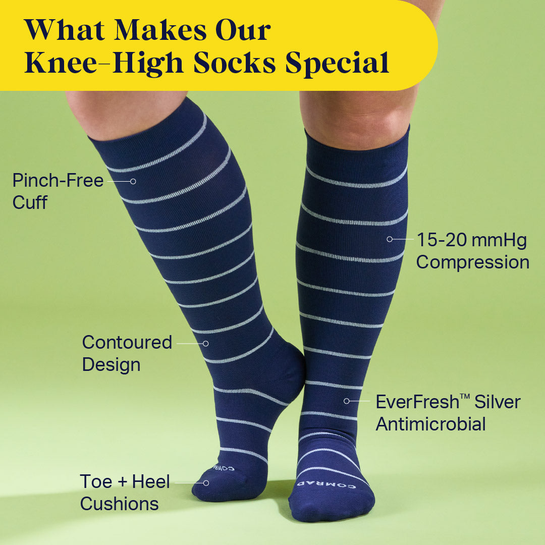 Knee-High Compression Socks — Striped Navy/Sand | Sizes S–XL Including Wide Calf