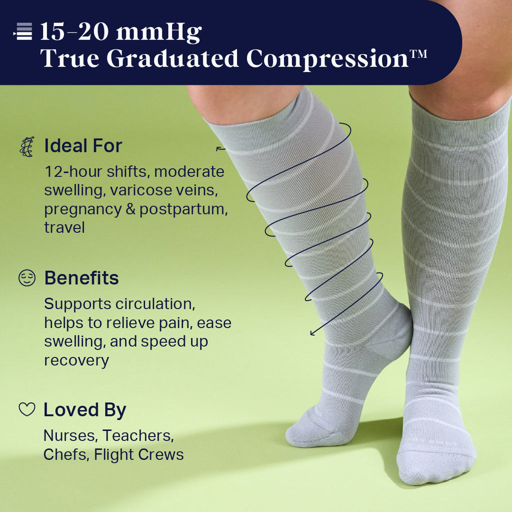 Knee-High Compression Socks — Striped Navy/Sand | Sizes S–XL Including Wide Calf