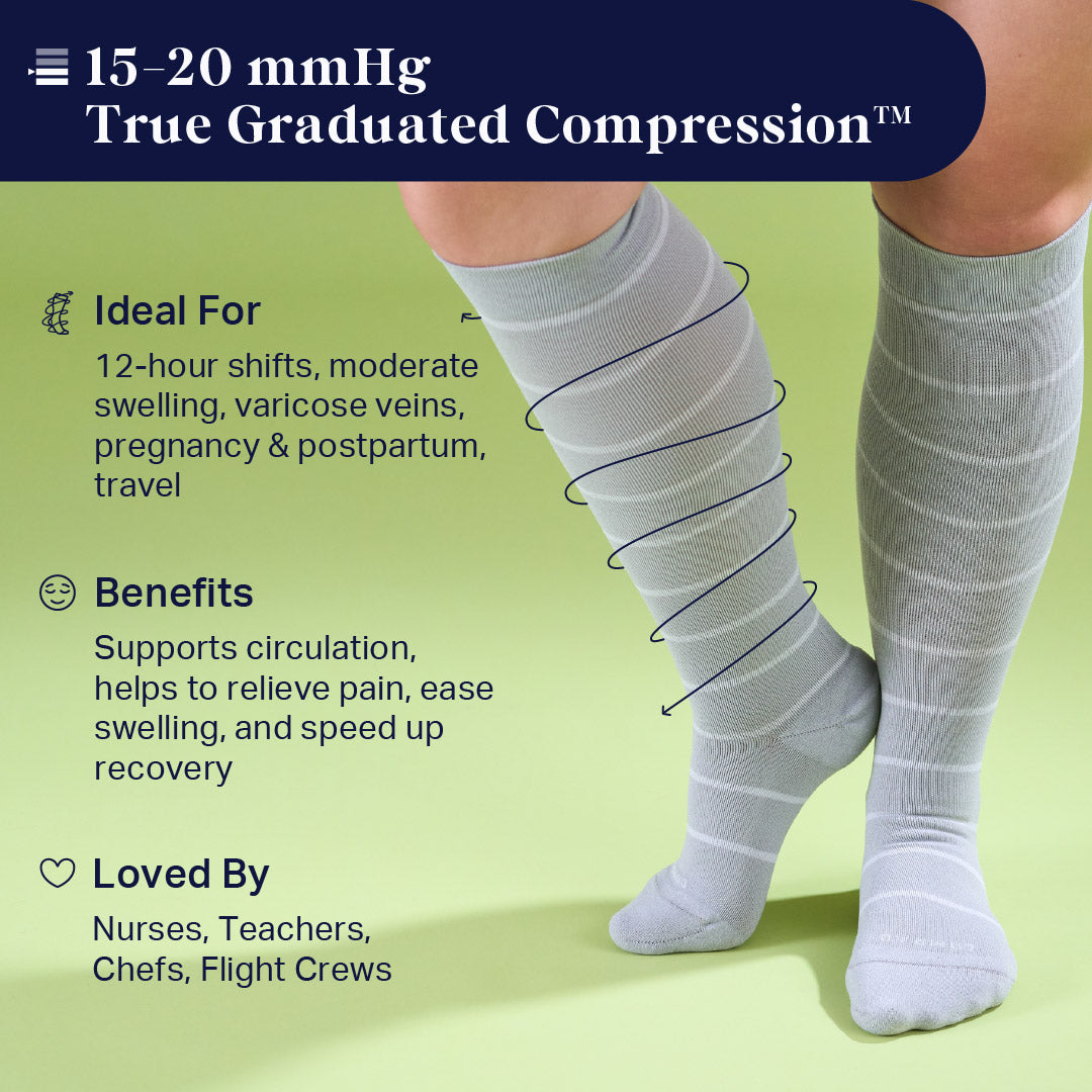 Knee-High Compression Socks — Striped Navy/Sand | Sizes S–XL Including Wide Calf