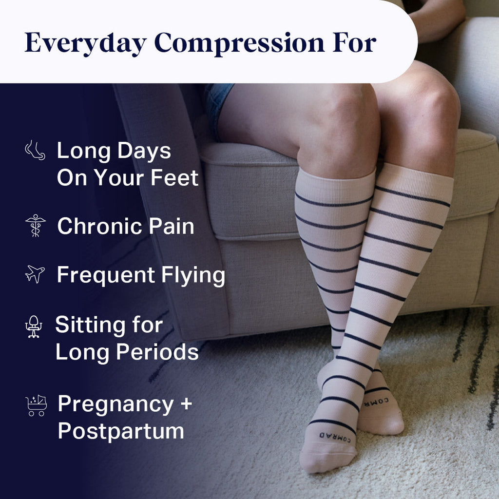 Knee-High Compression Socks — Striped Navy/Sand | Sizes S–XL Including Wide Calf