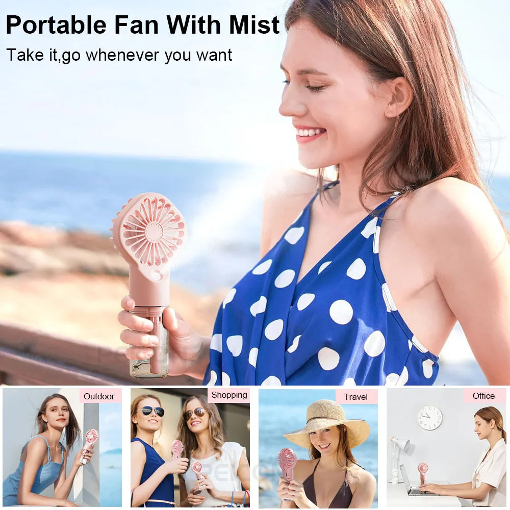 Portable Misting Fan – Handheld Spray Fan with 4 Speeds & USB Rechargeable Battery