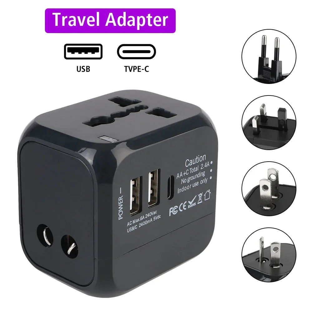 Universal Travel Adapter — US, EU, UK & AU Compatible | 2 USB + USB-C Fast Charging