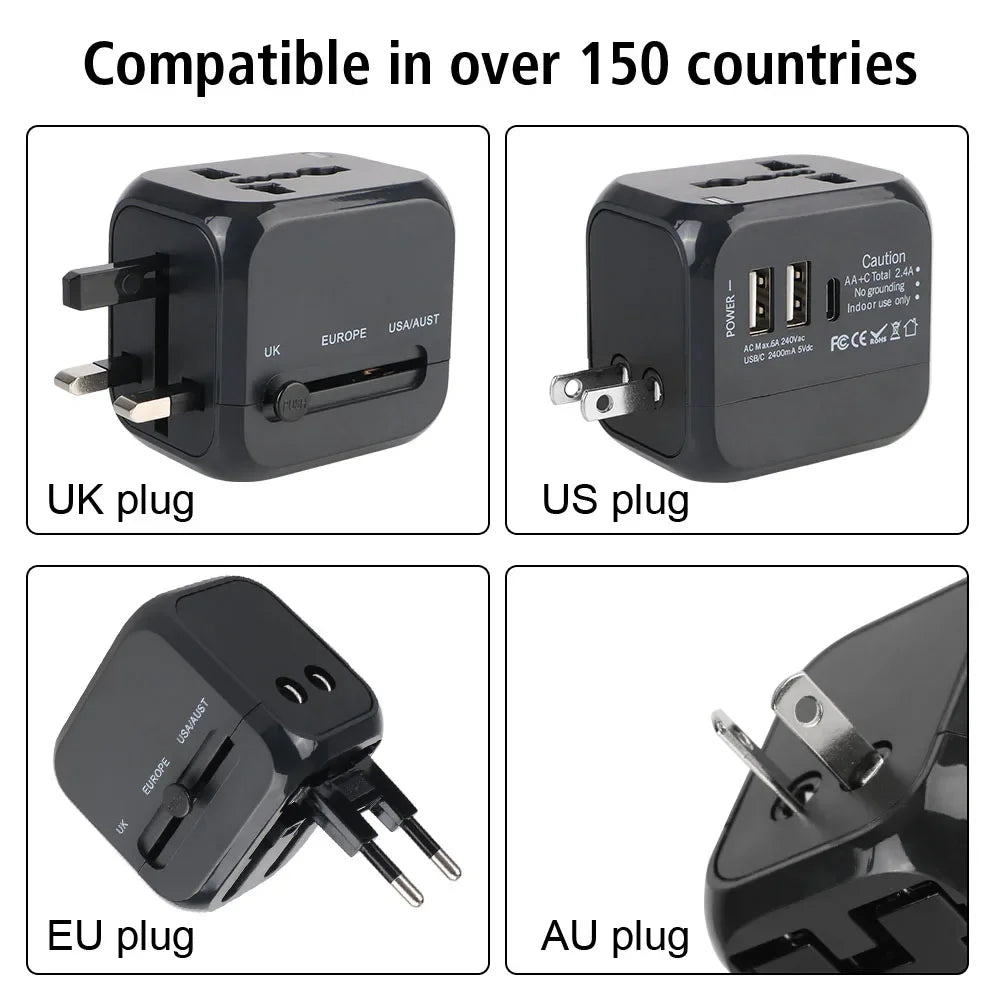 Universal Travel Adapter — US, EU, UK & AU Compatible | 2 USB + USB-C Fast Charging