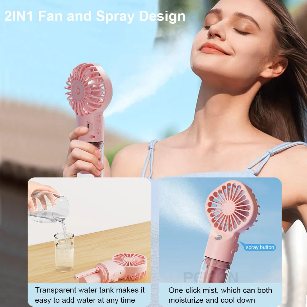 Portable Misting Fan – Handheld Spray Fan with 4 Speeds & USB Rechargeable Battery