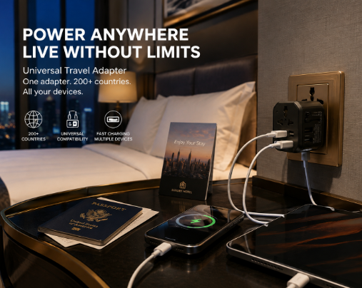 Universal Travel Adapter — US, EU, UK & AU Compatible | 2 USB + USB-C Fast Charging