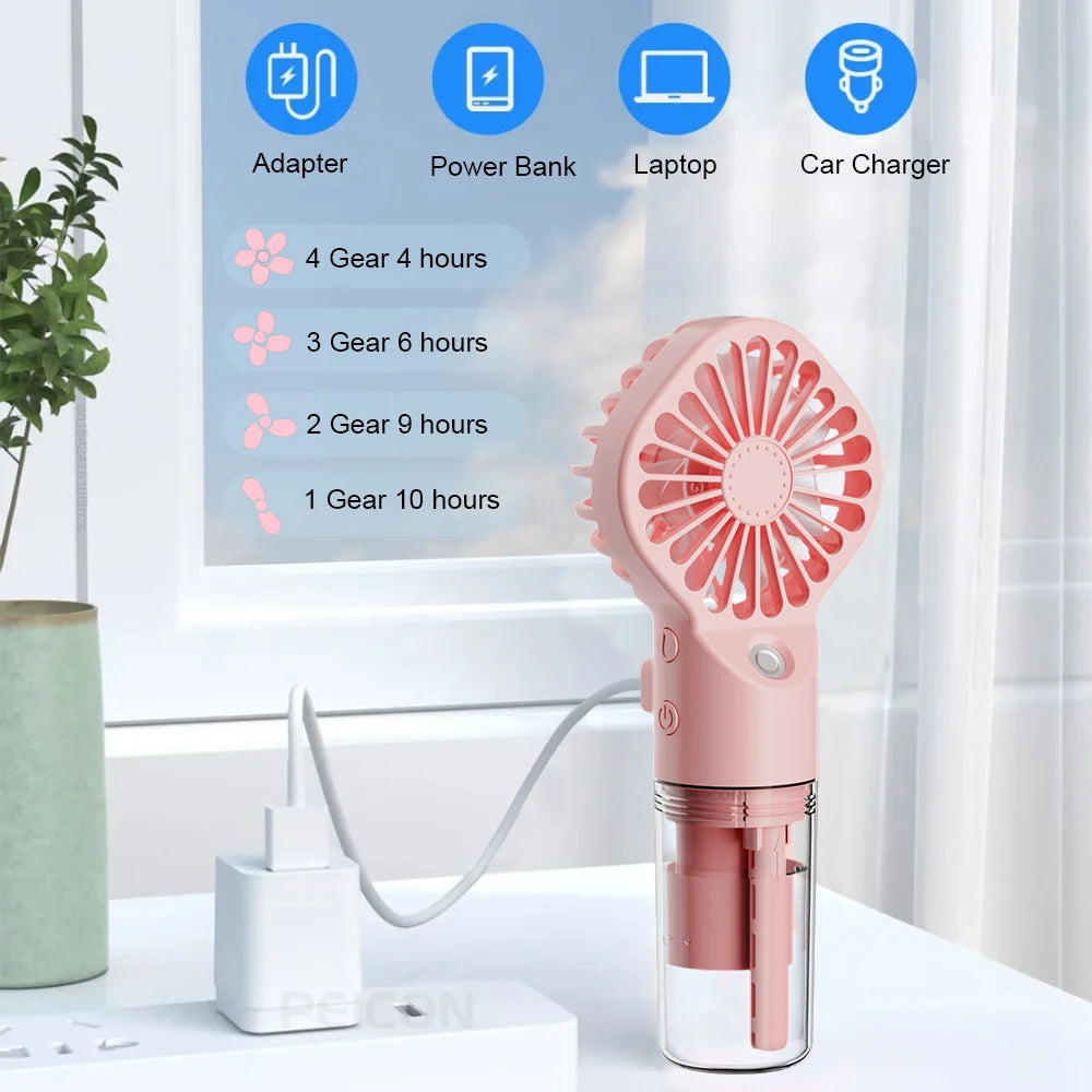 Portable Misting Fan – Handheld Spray Fan with 4 Speeds & USB Rechargeable Battery