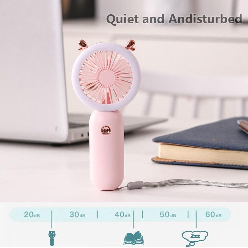 Mini Portable Fan with LED Glow Light — Content Creator Essential for Travel at Home or On-the-Go.