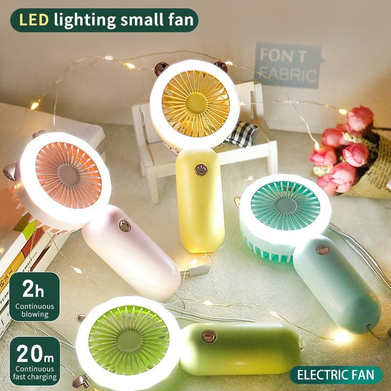 Mini Portable Fan with LED Glow Light — Content Creator Essential for Travel at Home or On-the-Go.